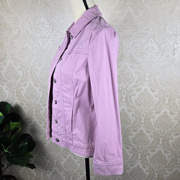 Chico's Size 0 (US Small) Soft Lilac Sateen Jean Jacket Logo Buttons Collar NWT - Picture 7 of 16